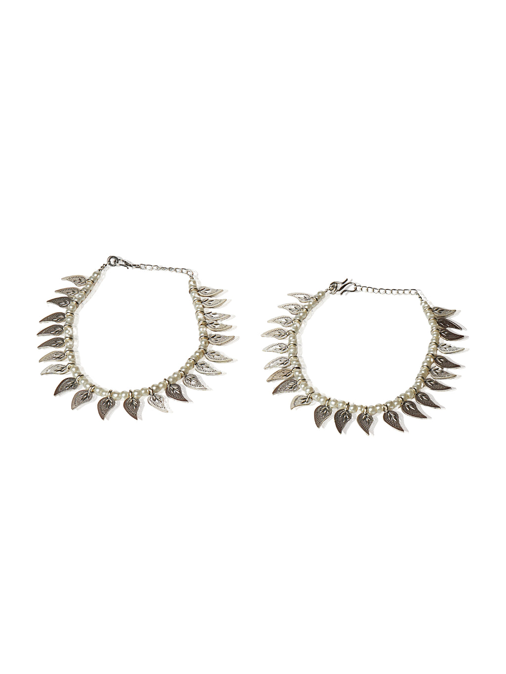 Pearl leaf charm silver-tone anklet pair