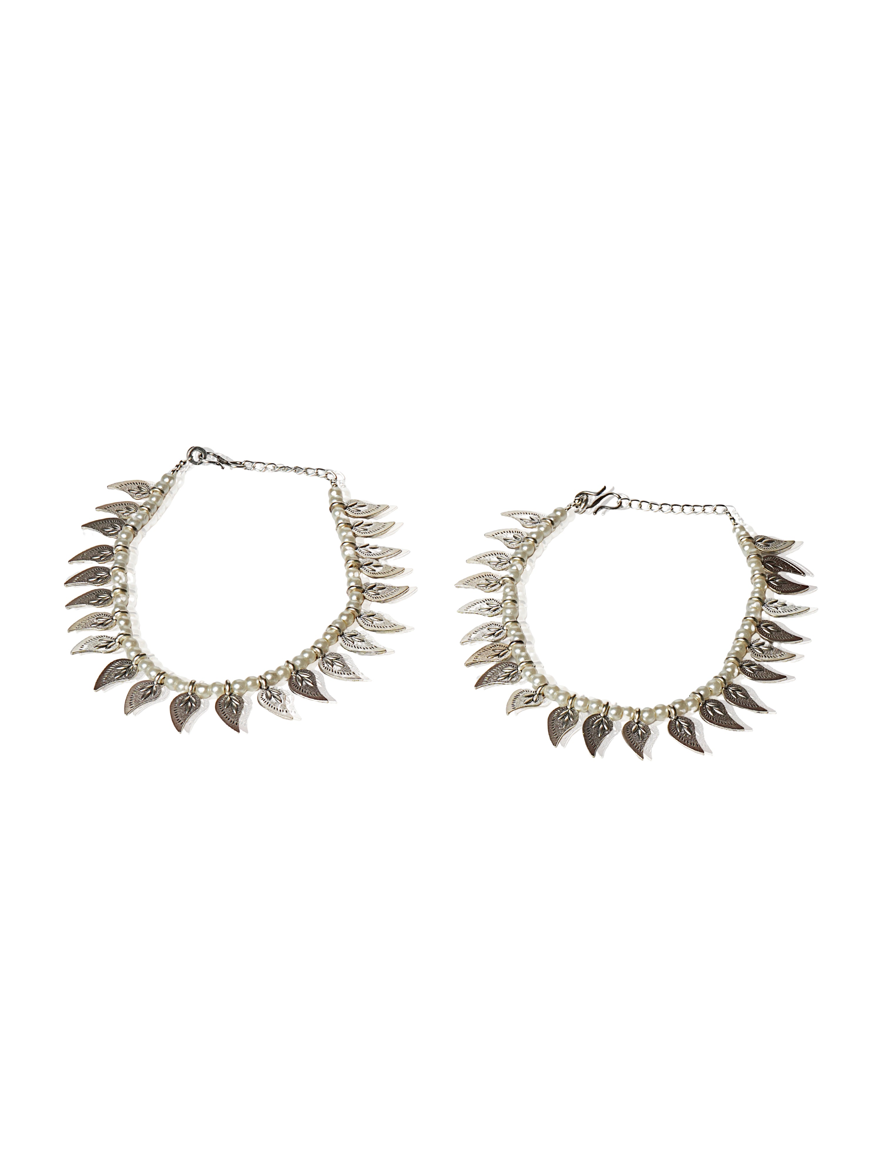 Pearl leaf charm silver-tone anklet pair