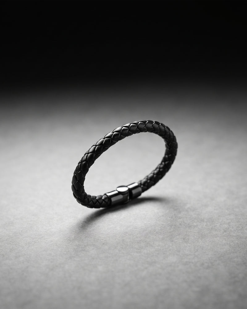 Black Braided Leather Cuff Bracelet