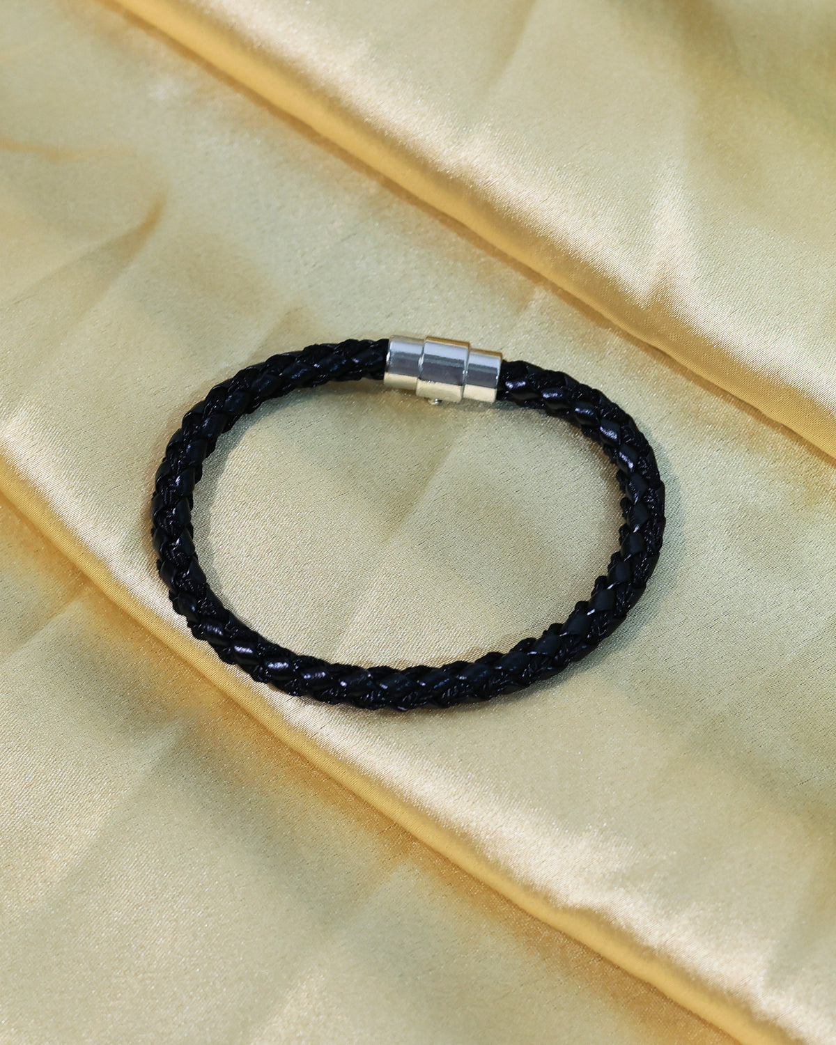 Black Braided Leather Bracelet with Silver Tone Clasp