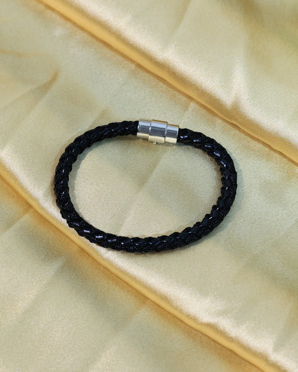 Black Braided Leather Bracelet with Silver Tone Clasp