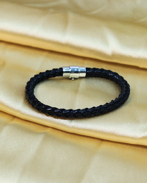 Black Braided Leather Bracelet with Silver Tone Clasp