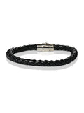 Black Braided Leather Bracelet with Silver Tone Clasp