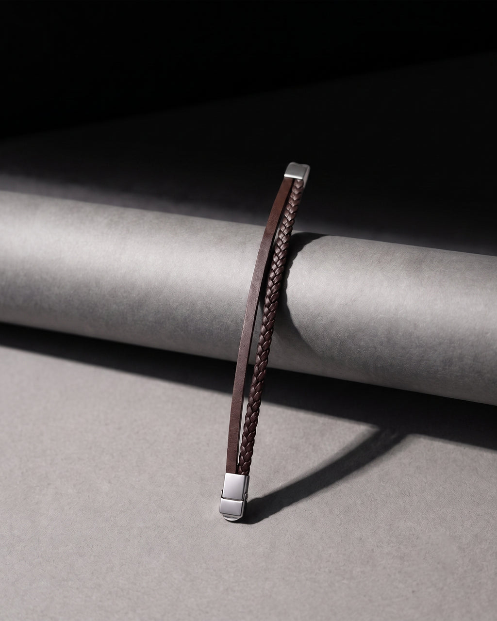 Brown Leather Braided Bracelet with Silver Tone Ends