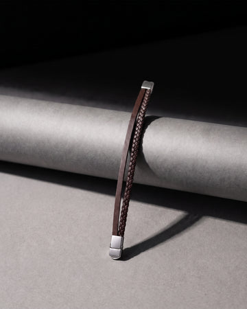 Brown Leather Braided Bracelet with Silver Tone Ends