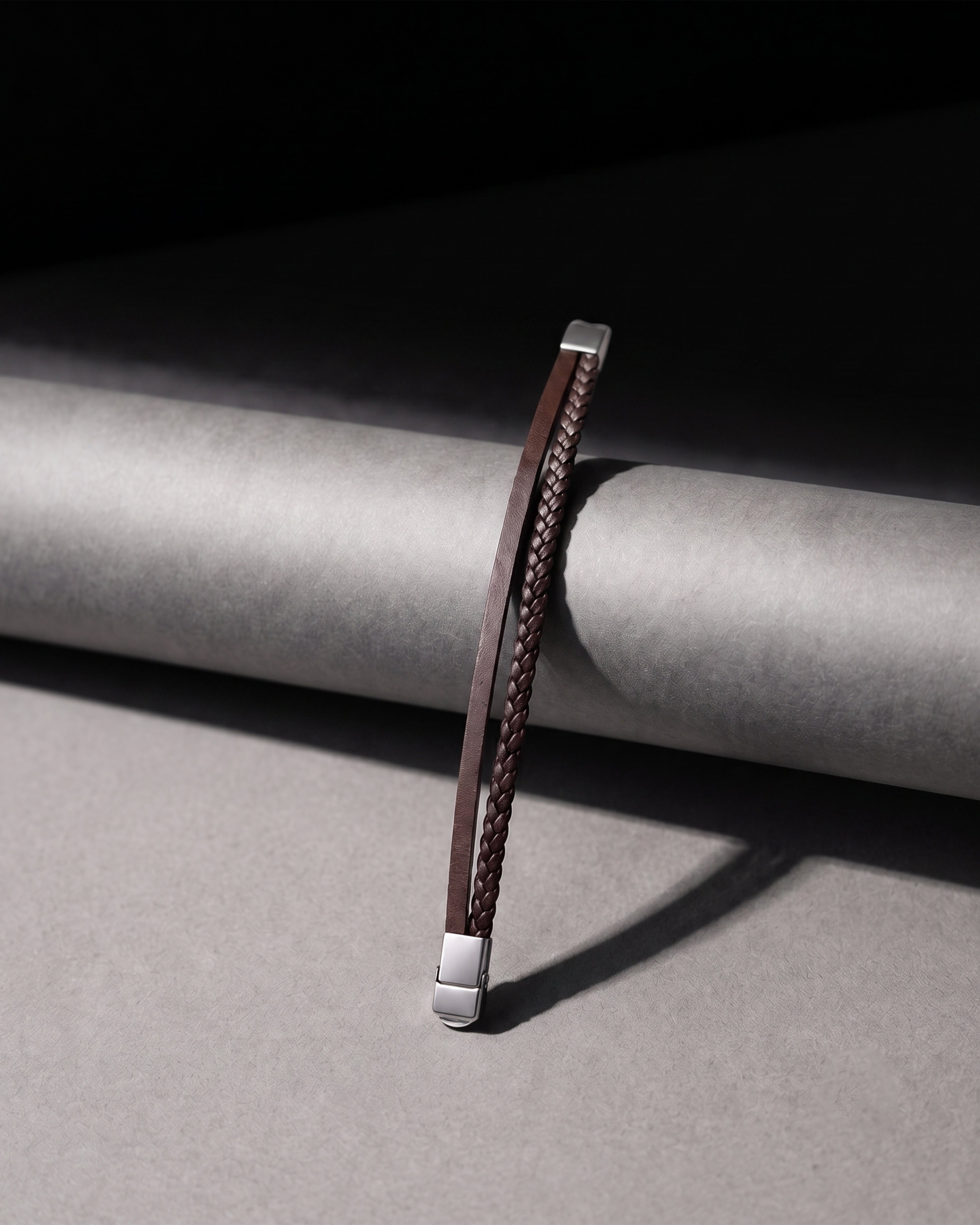 Brown Leather Braided Bracelet with Silver Tone Ends