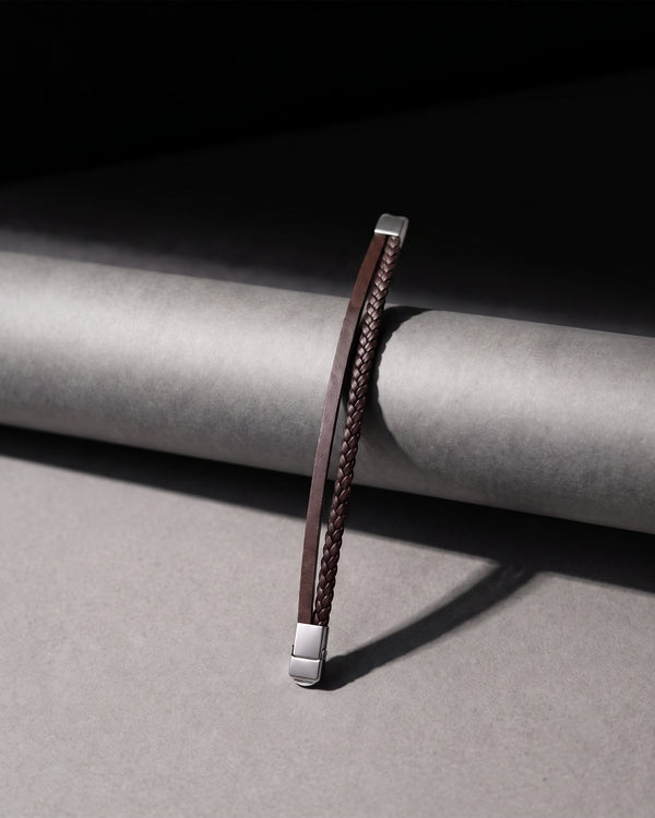 Brown Leather Braided Bracelet with Silver Tone Ends