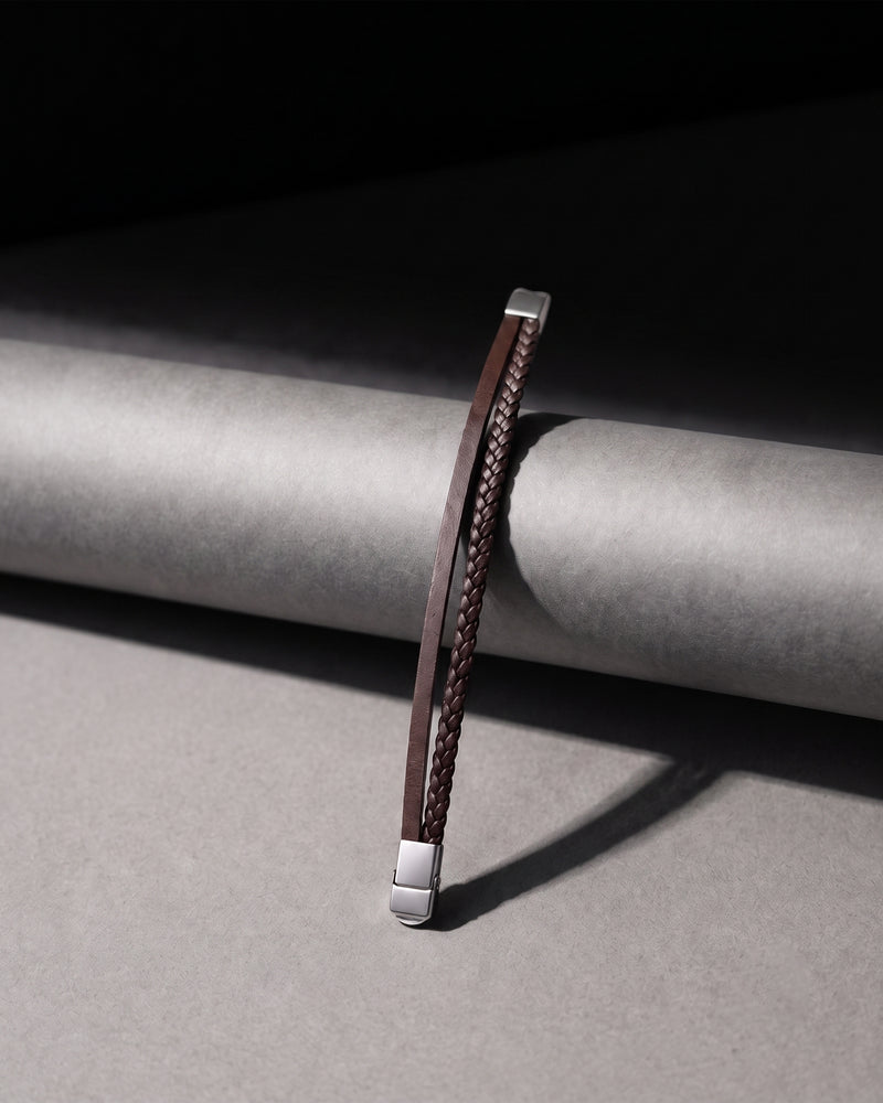 Brown Leather Braided Bracelet with Silver Tone Ends