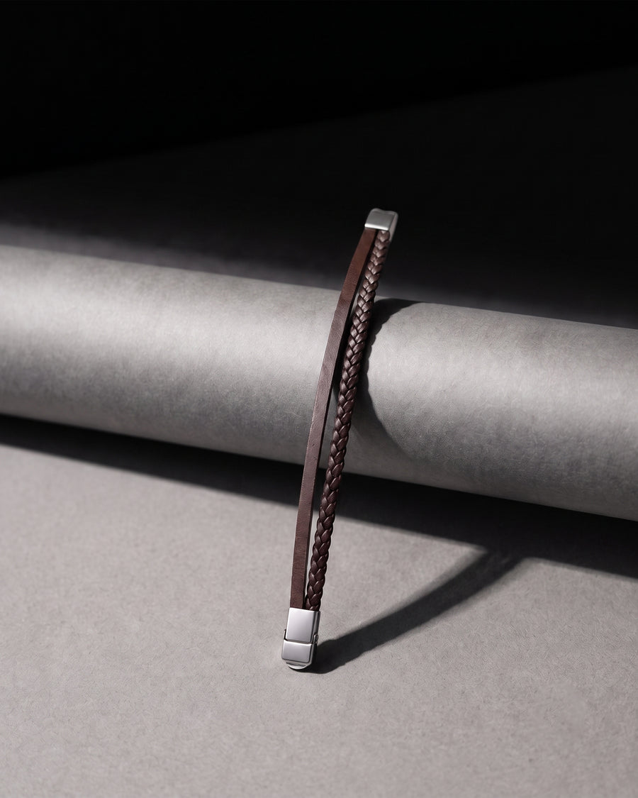 Brown Leather Braided Bracelet with Silver Tone Ends