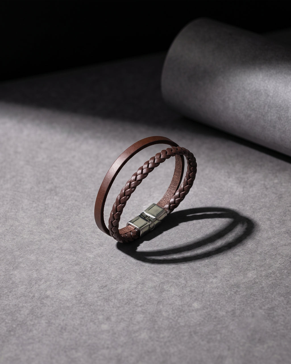 Brown Leather Braided Bracelet with Silver Tone Ends