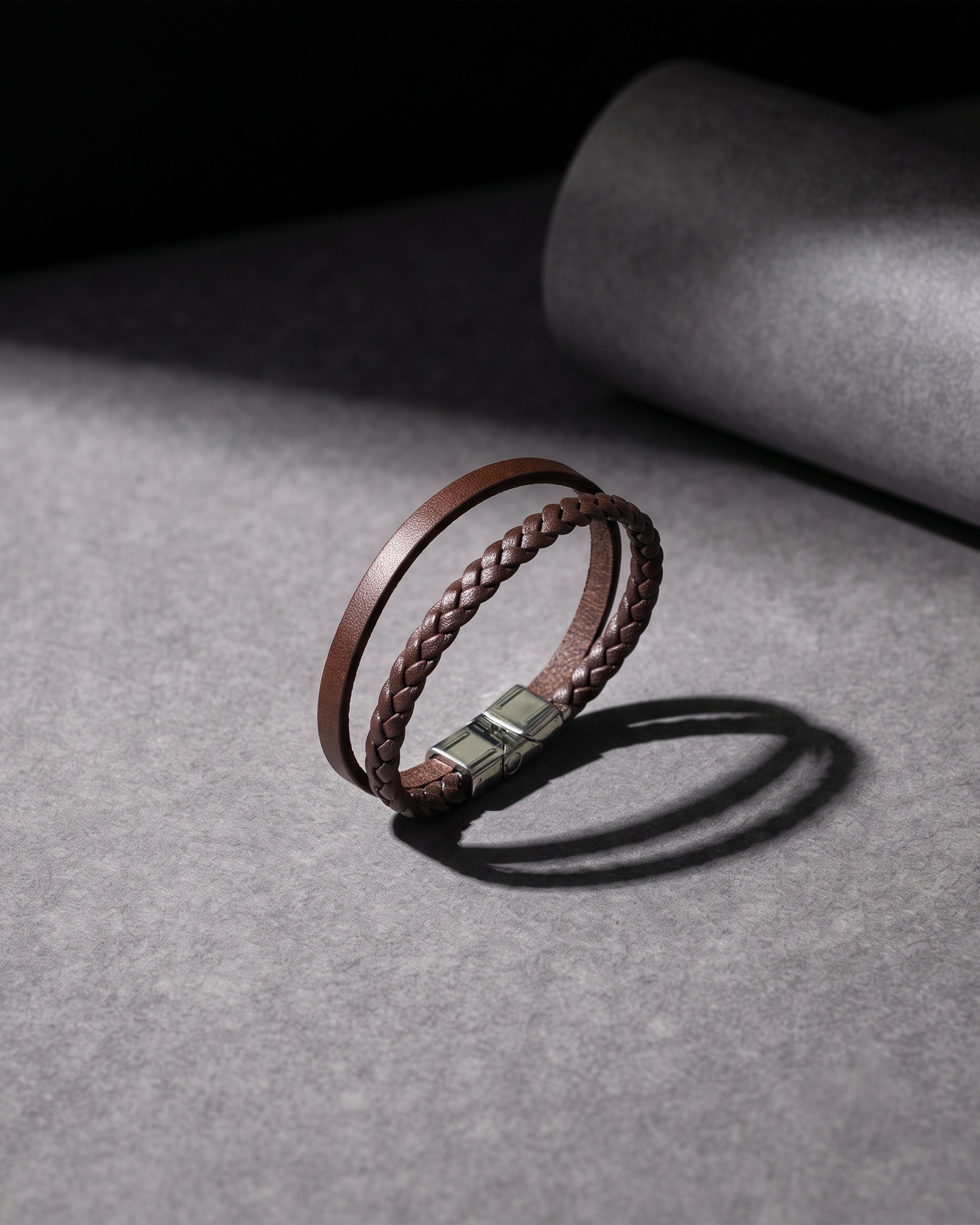 Brown Leather Braided Bracelet with Silver Tone Ends