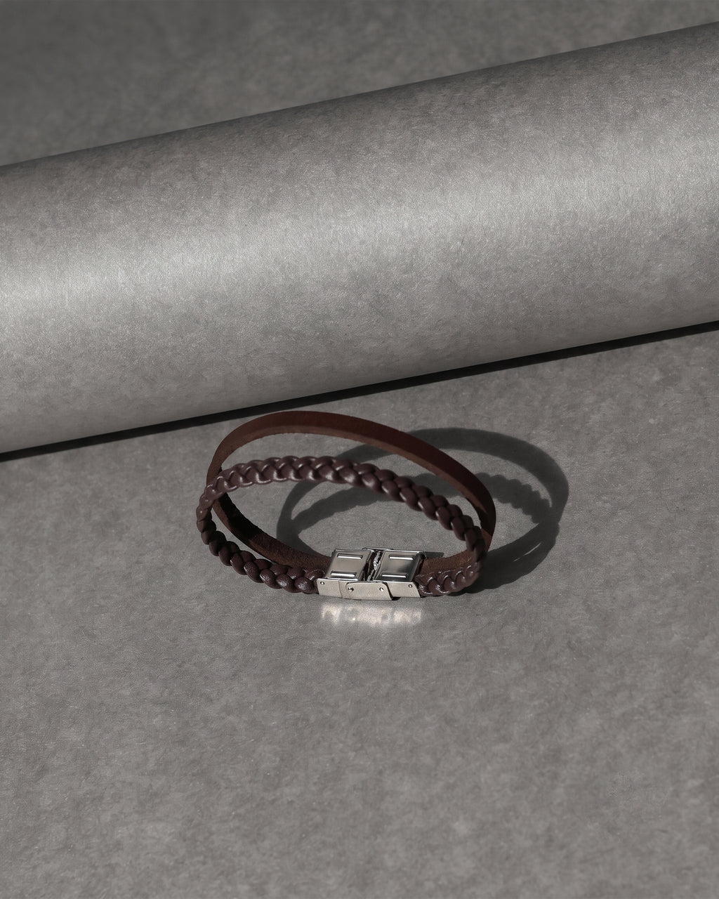 Brown Leather Braided Bracelet with Silver Tone Ends