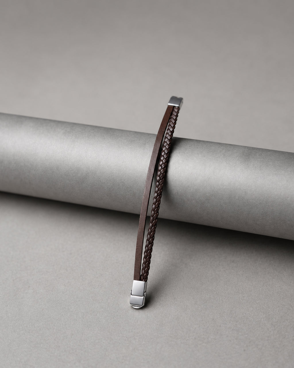 Brown Leather Braided Bracelet with Silver Tone Ends