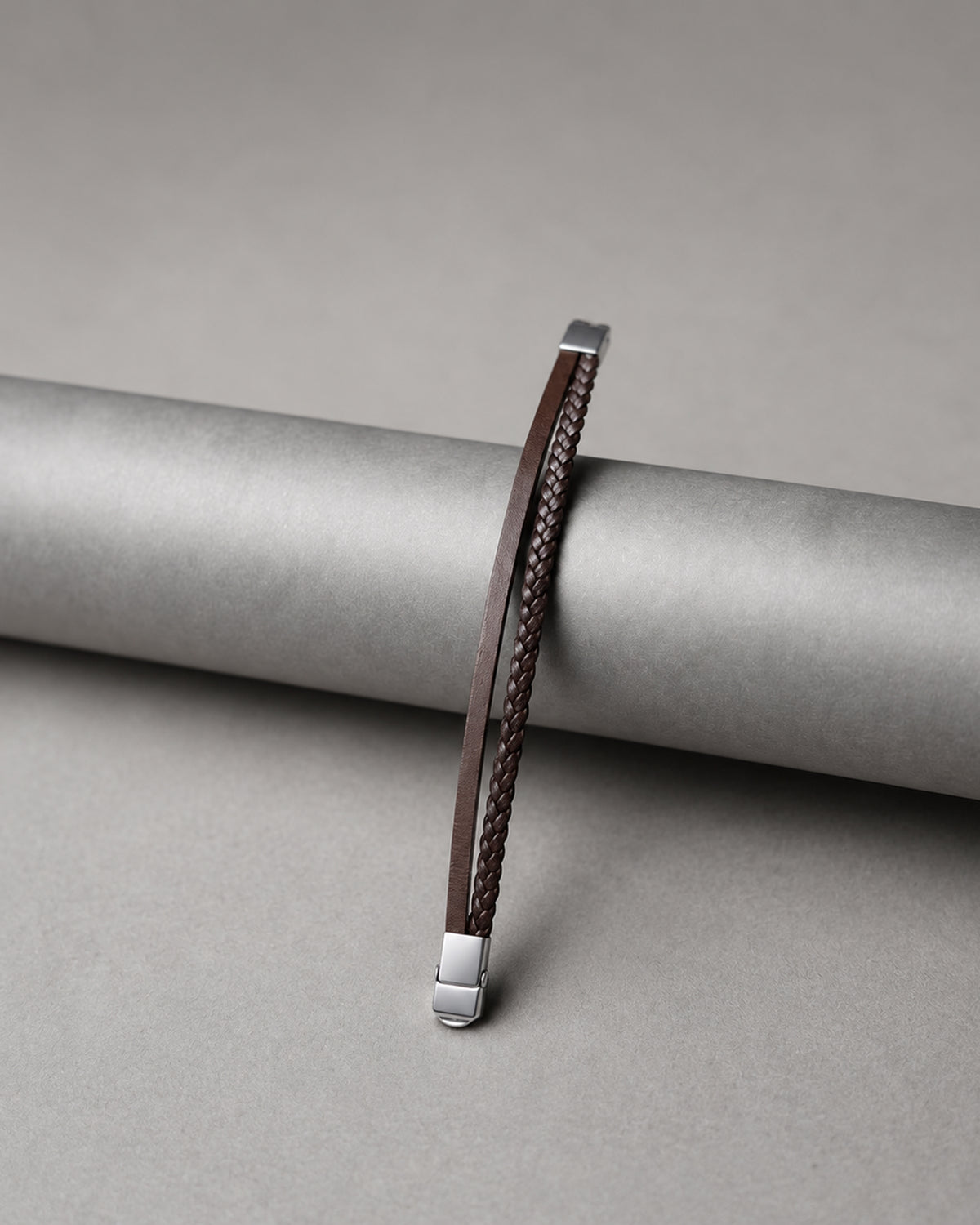 Brown Leather Braided Bracelet with Silver Tone Ends