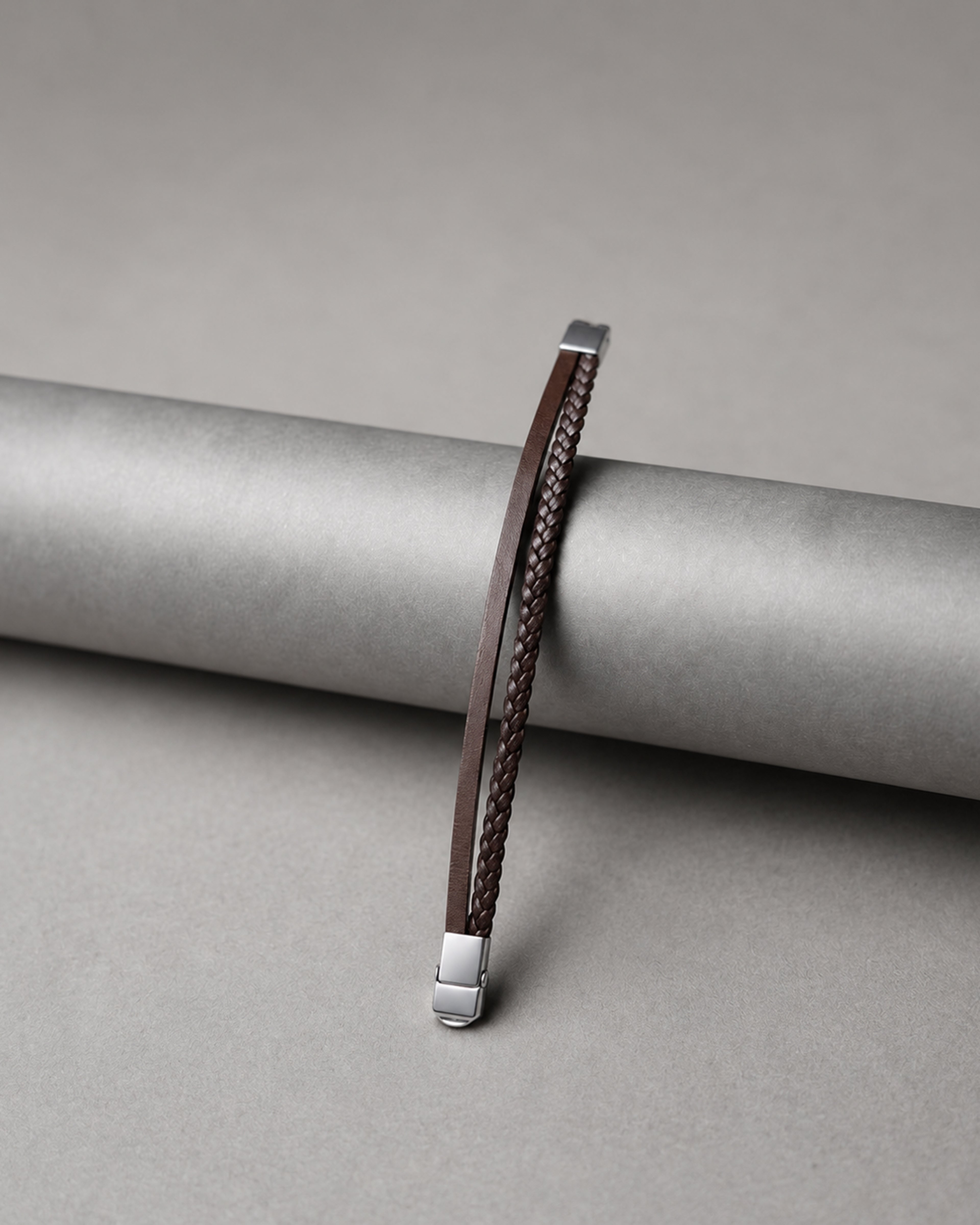 Brown Leather Braided Bracelet with Silver Tone Ends