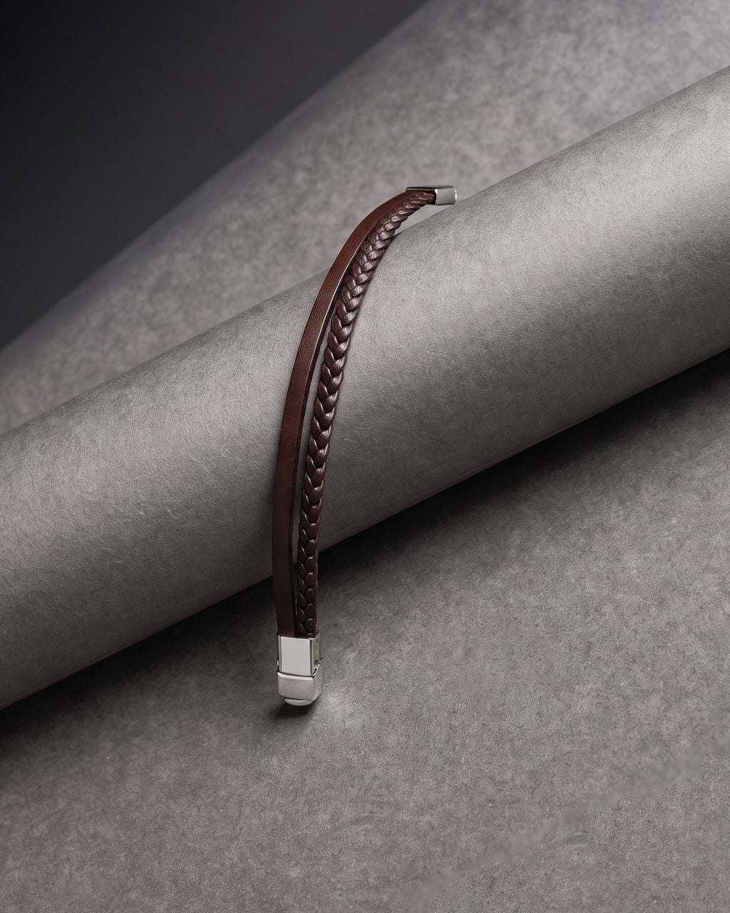 Brown Leather Braided Bracelet with Silver Tone Ends
