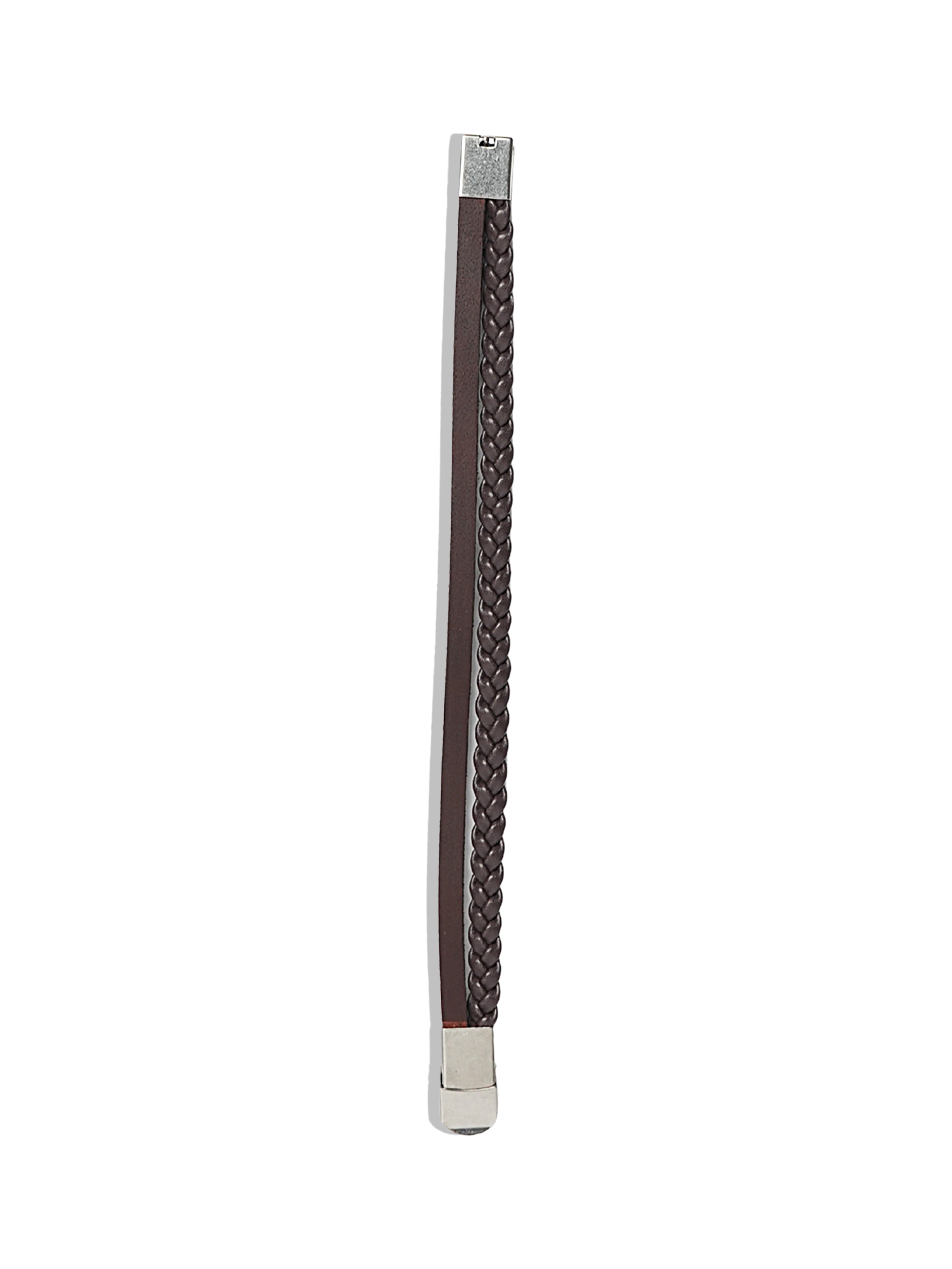 Brown Leather Braided Bracelet with Silver Tone Ends