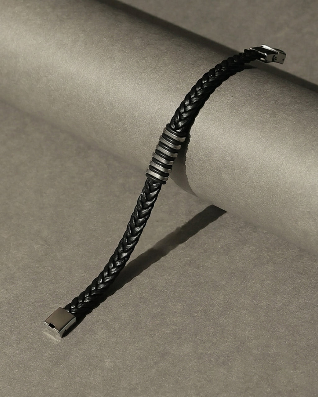 Black Braided Leather Bracelet with Silver Tone Center Detail