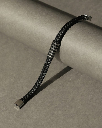 Black Braided Leather Bracelet with Silver Tone Center Detail