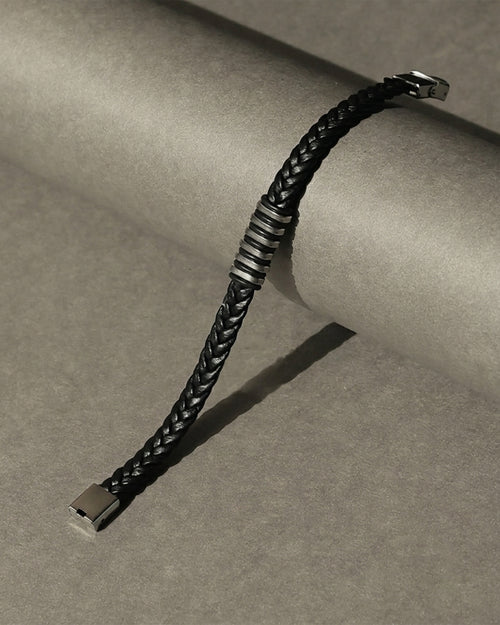Black Braided Leather Bracelet with Silver Tone Center Detail