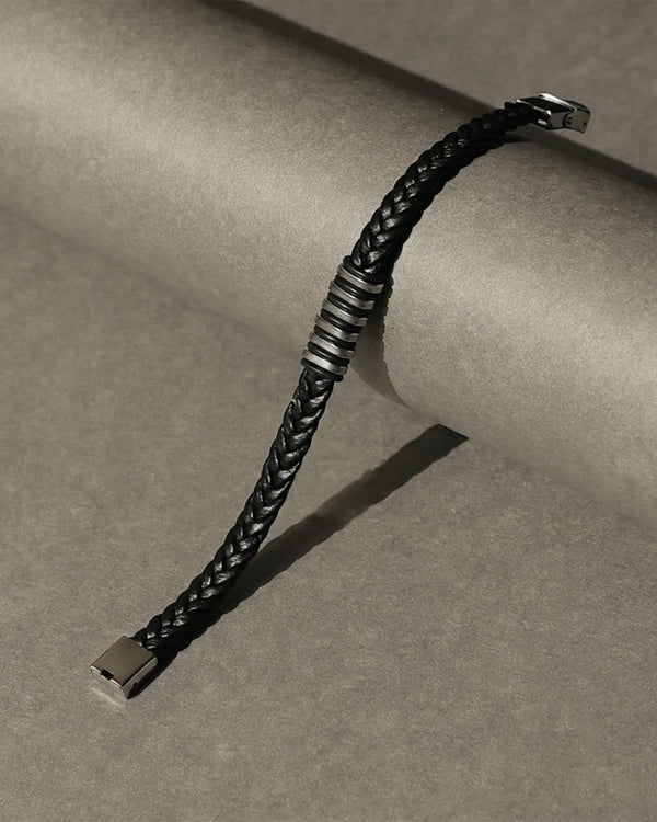 Black Braided Leather Bracelet with Silver Tone Center Detail