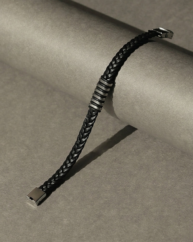Black Braided Leather Bracelet with Silver Tone Center Detail