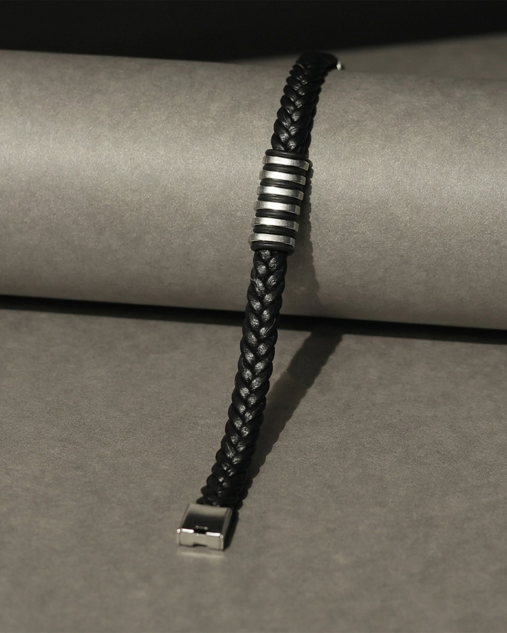 Black Braided Leather Bracelet with Silver Tone Center Detail