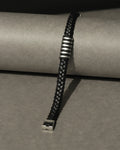 Black Braided Leather Bracelet with Silver Tone Center Detail
