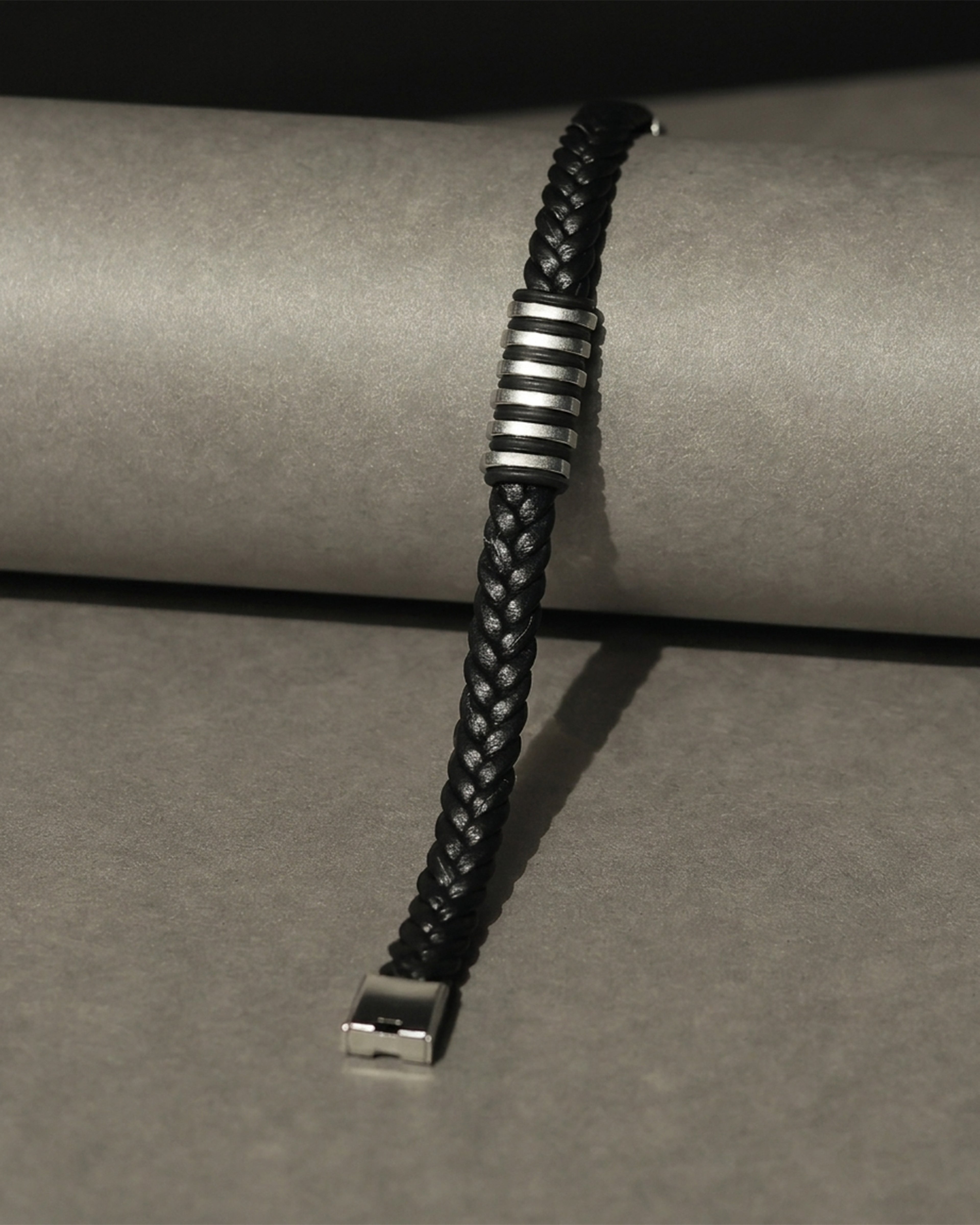 Black Braided Leather Bracelet with Silver Tone Center Detail