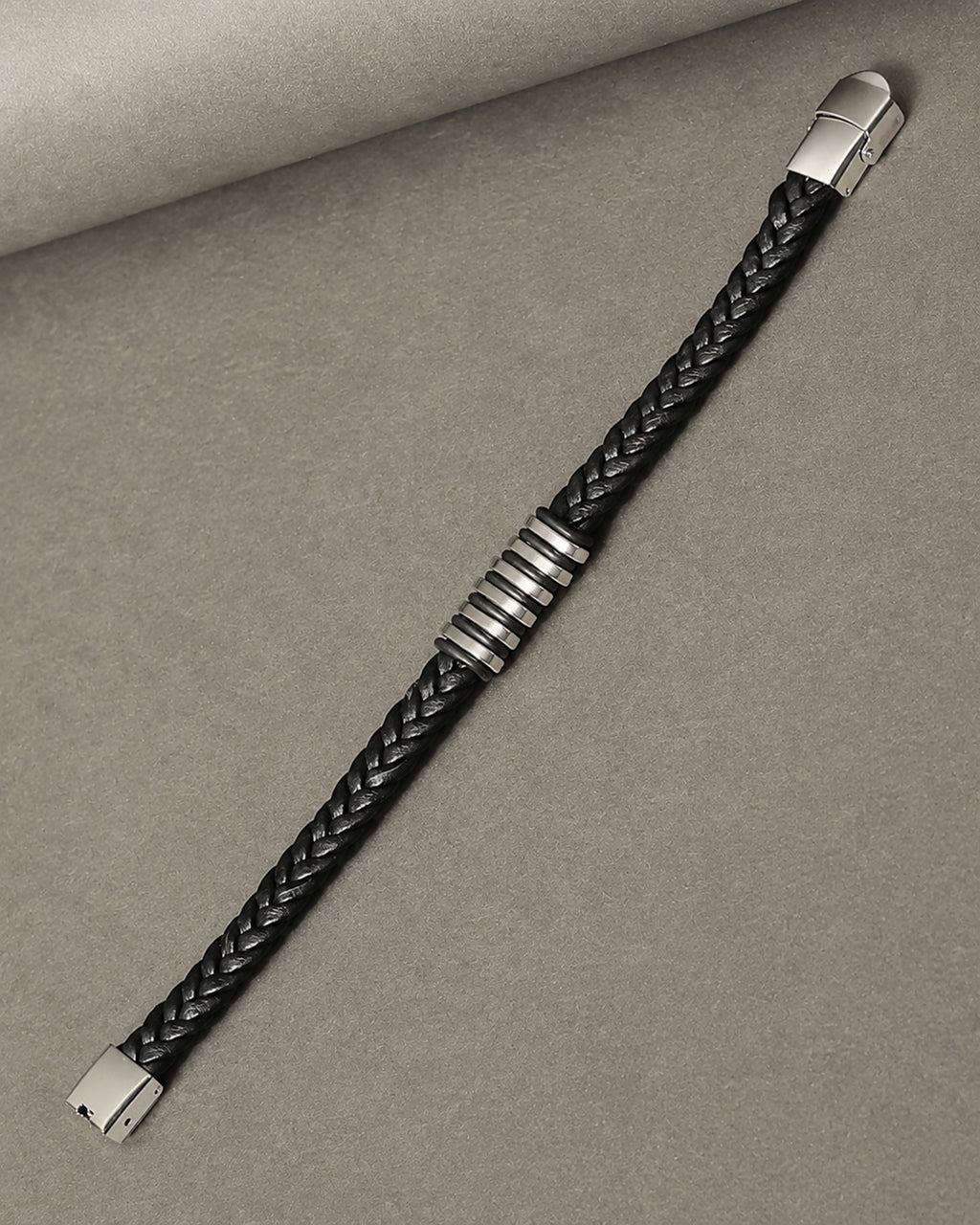 Black Braided Leather Bracelet with Silver Tone Center Detail