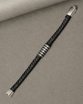 Black Braided Leather Bracelet with Silver Tone Center Detail