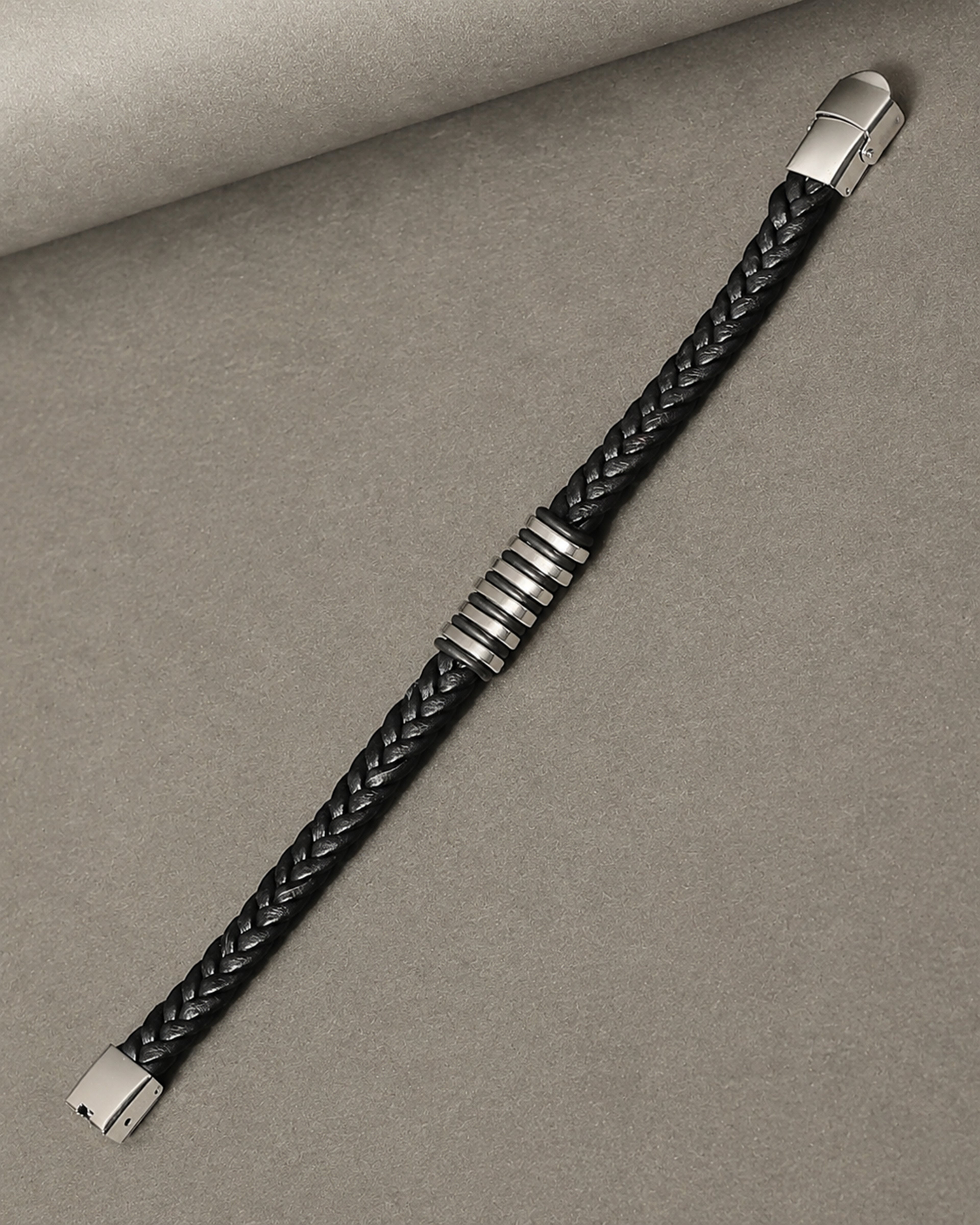 Black Braided Leather Bracelet with Silver Tone Center Detail