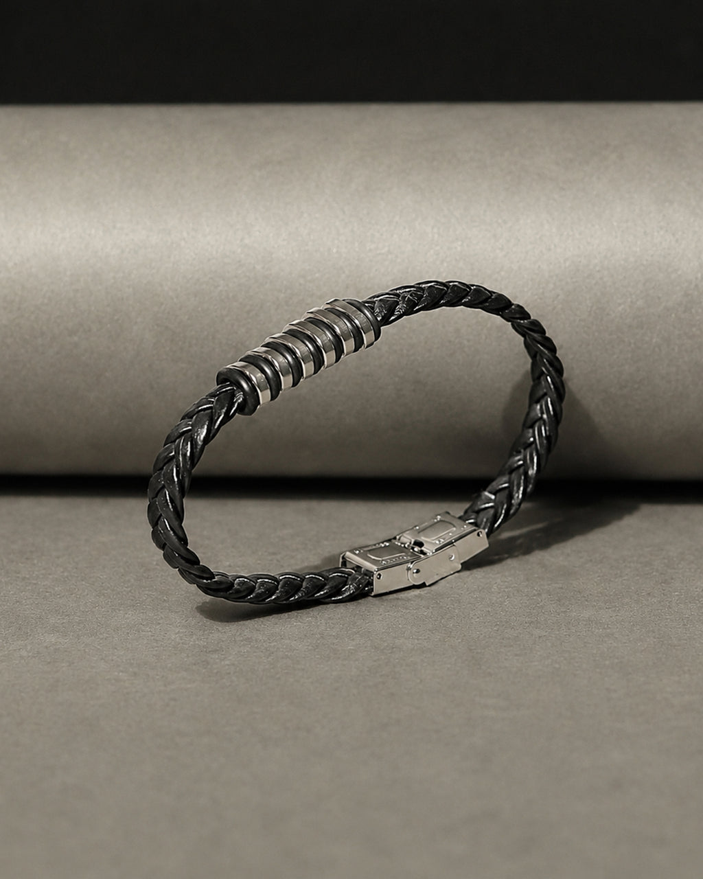 Black Braided Leather Bracelet with Silver Tone Center Detail