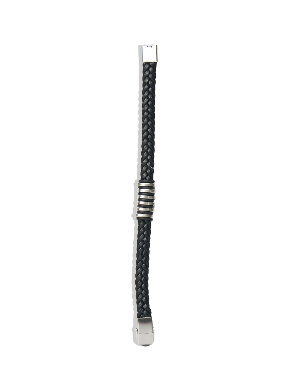 Black Braided Leather Bracelet with Silver Tone Center Detail