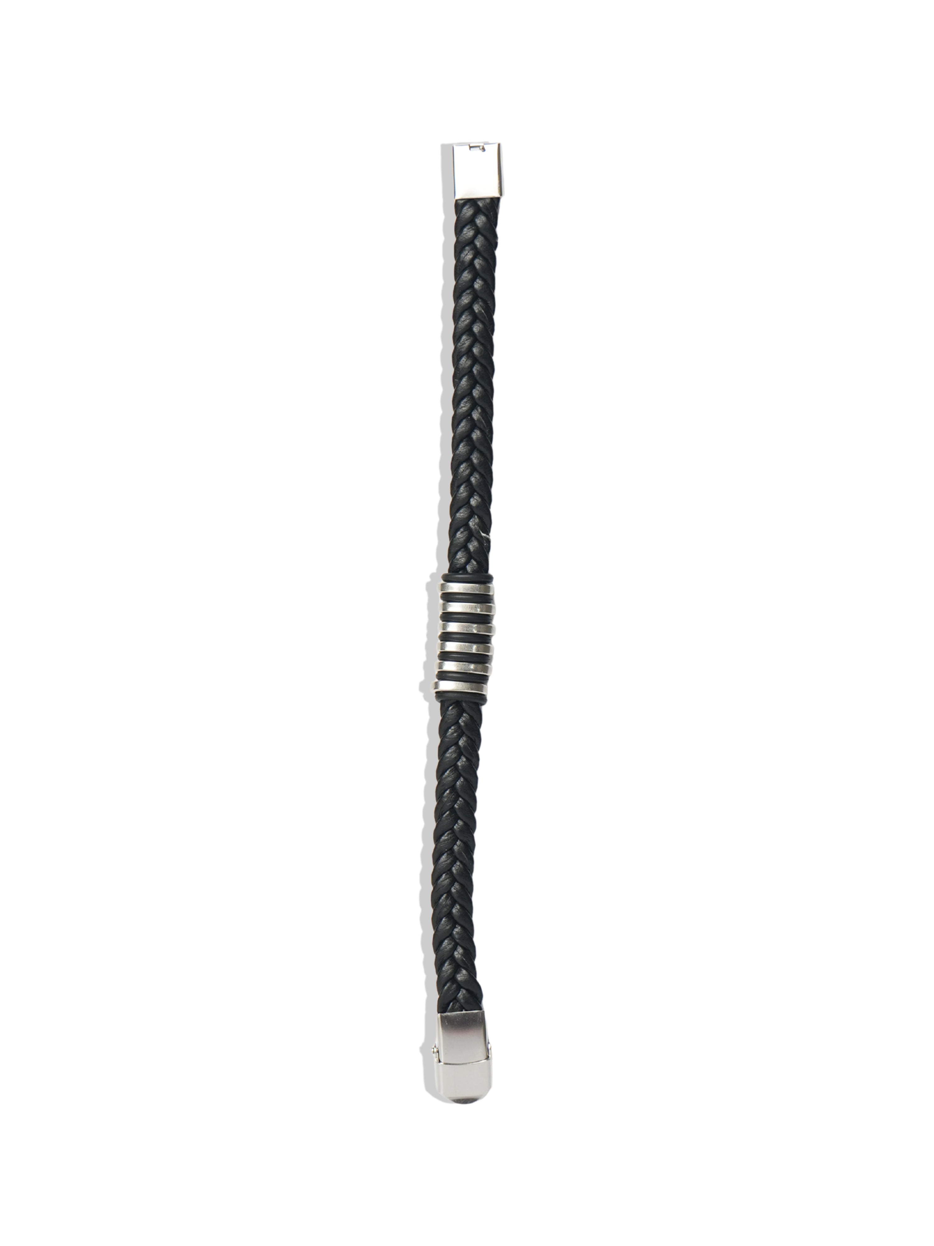 Black Braided Leather Bracelet with Silver Tone Center Detail