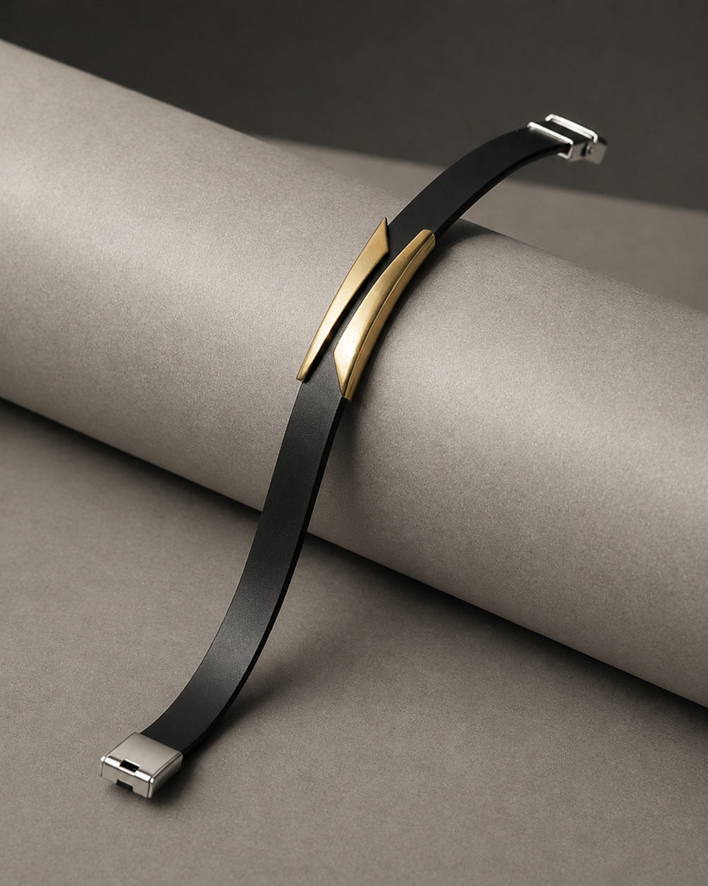 Black Leather Bracelet with Gold Tone Accent