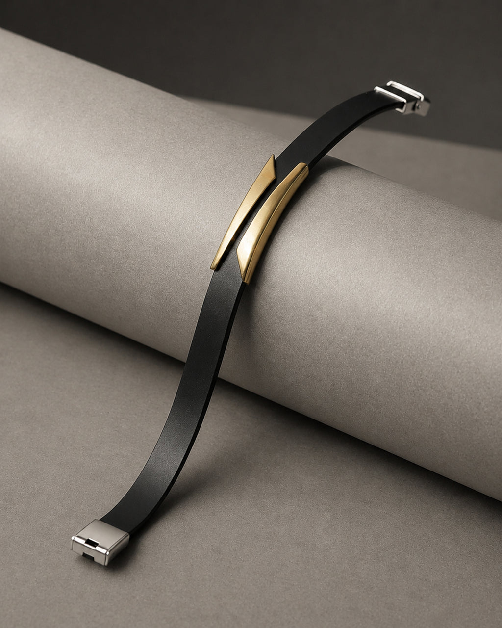 Black Leather Bracelet with Gold Tone Accent