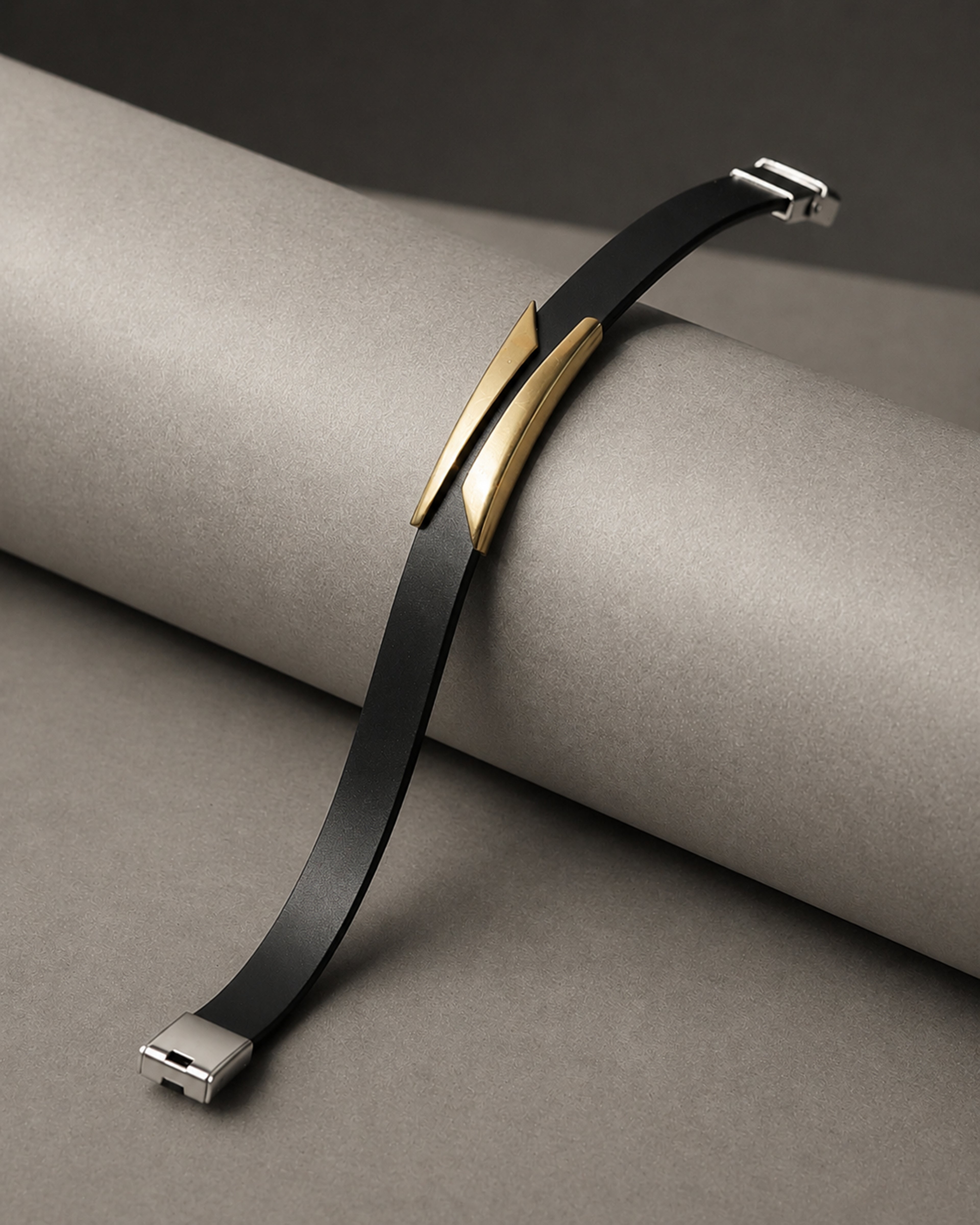Black Leather Bracelet with Gold Tone Accent