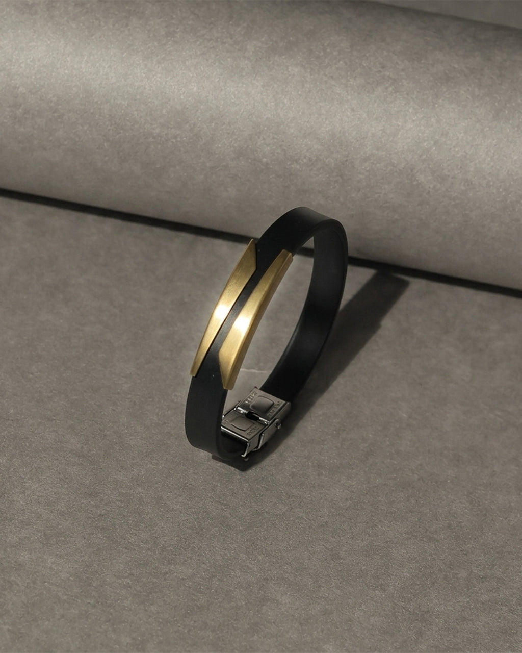 Black Leather Bracelet with Gold Tone Accent
