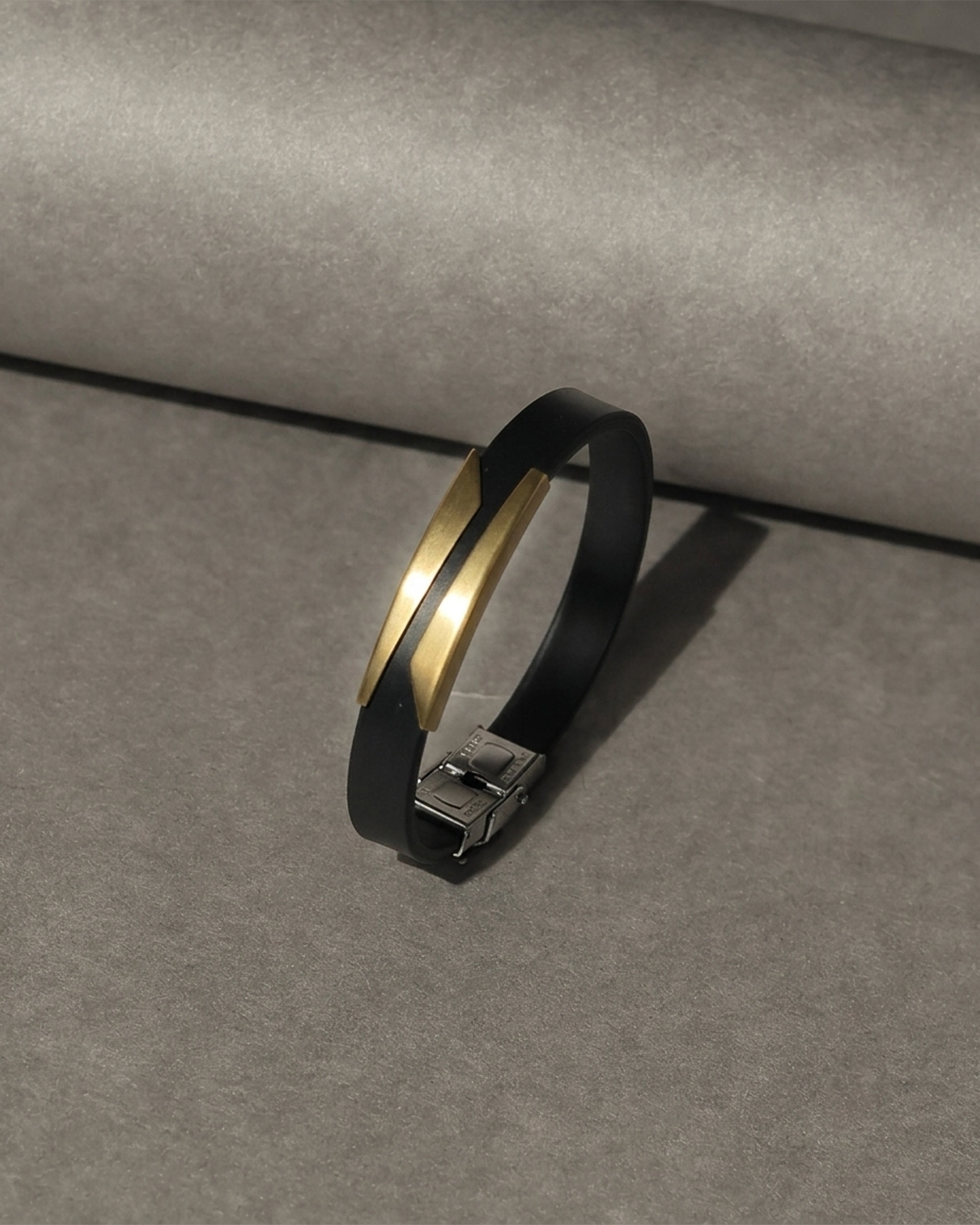 Black Leather Bracelet with Gold Tone Accent