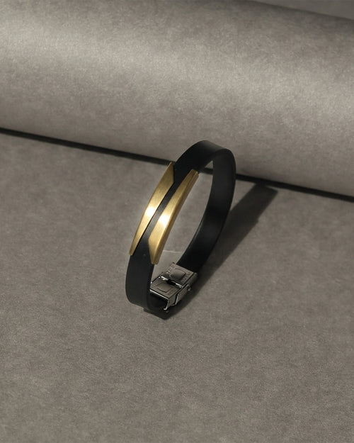 Black Leather Bracelet with Gold Tone Accent
