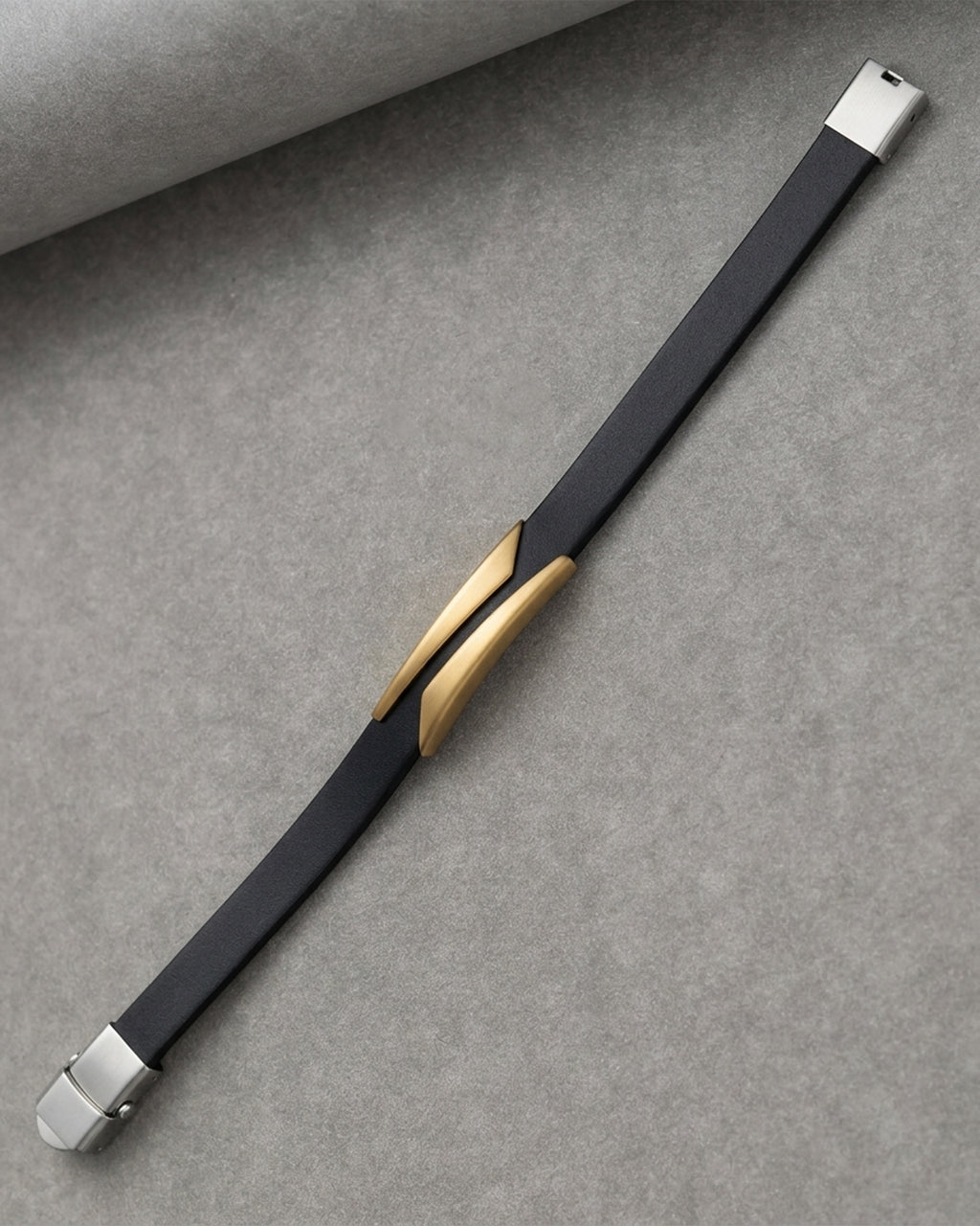 Black Leather Bracelet with Gold Tone Accent