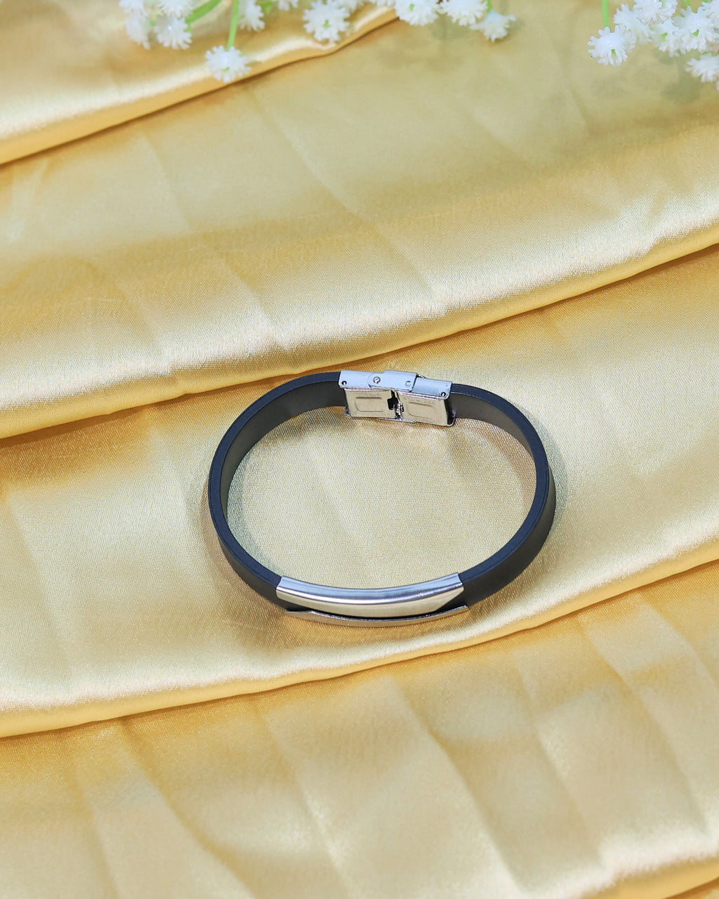 Black Leather Bracelet with Silver Tone Double Bar