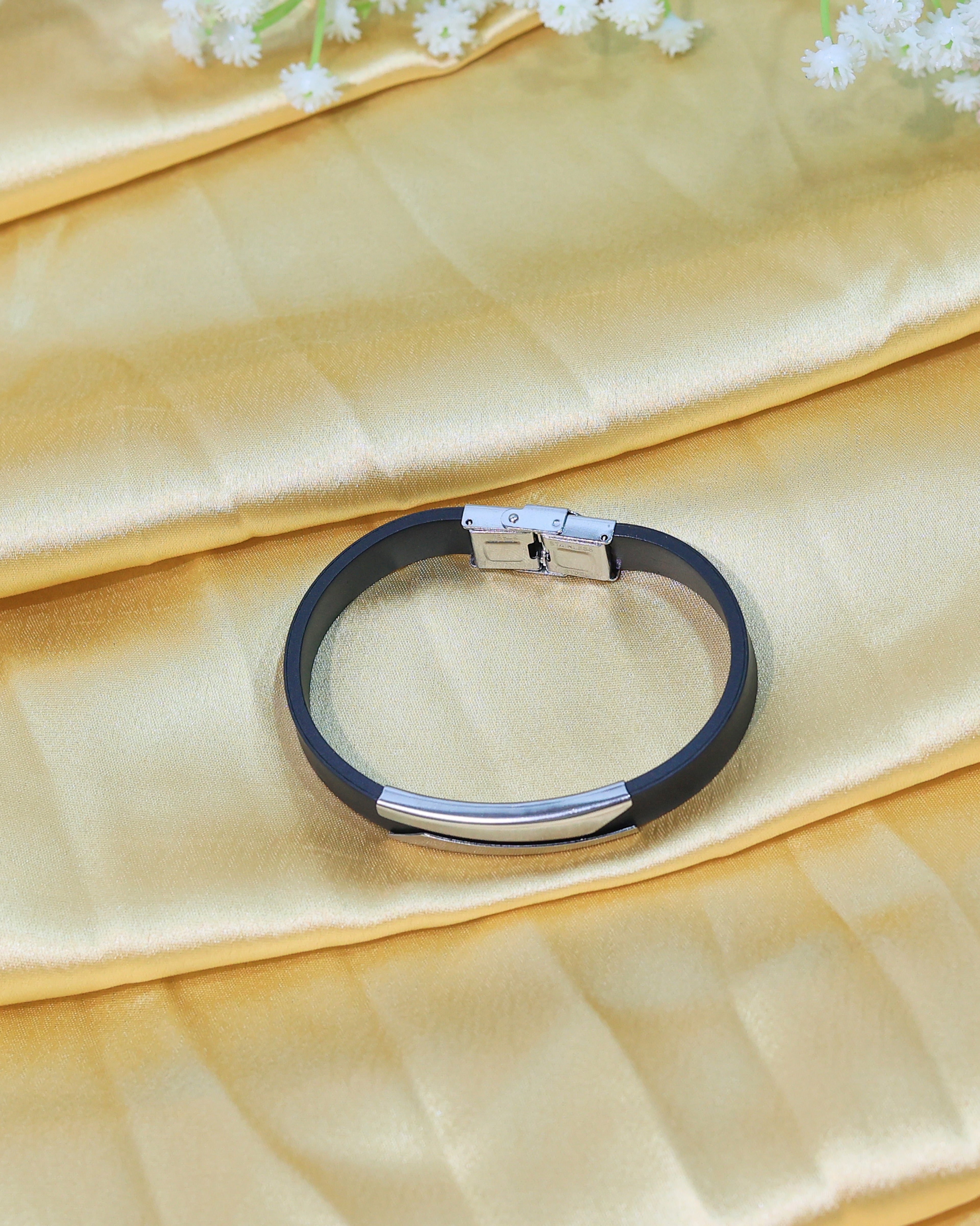 Black Leather Bracelet with Silver Tone Double Bar