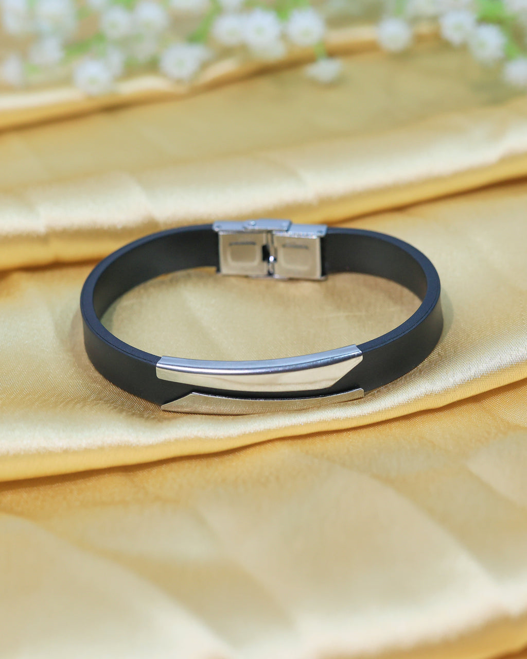 Black Leather Bracelet with Silver Tone Double Bar