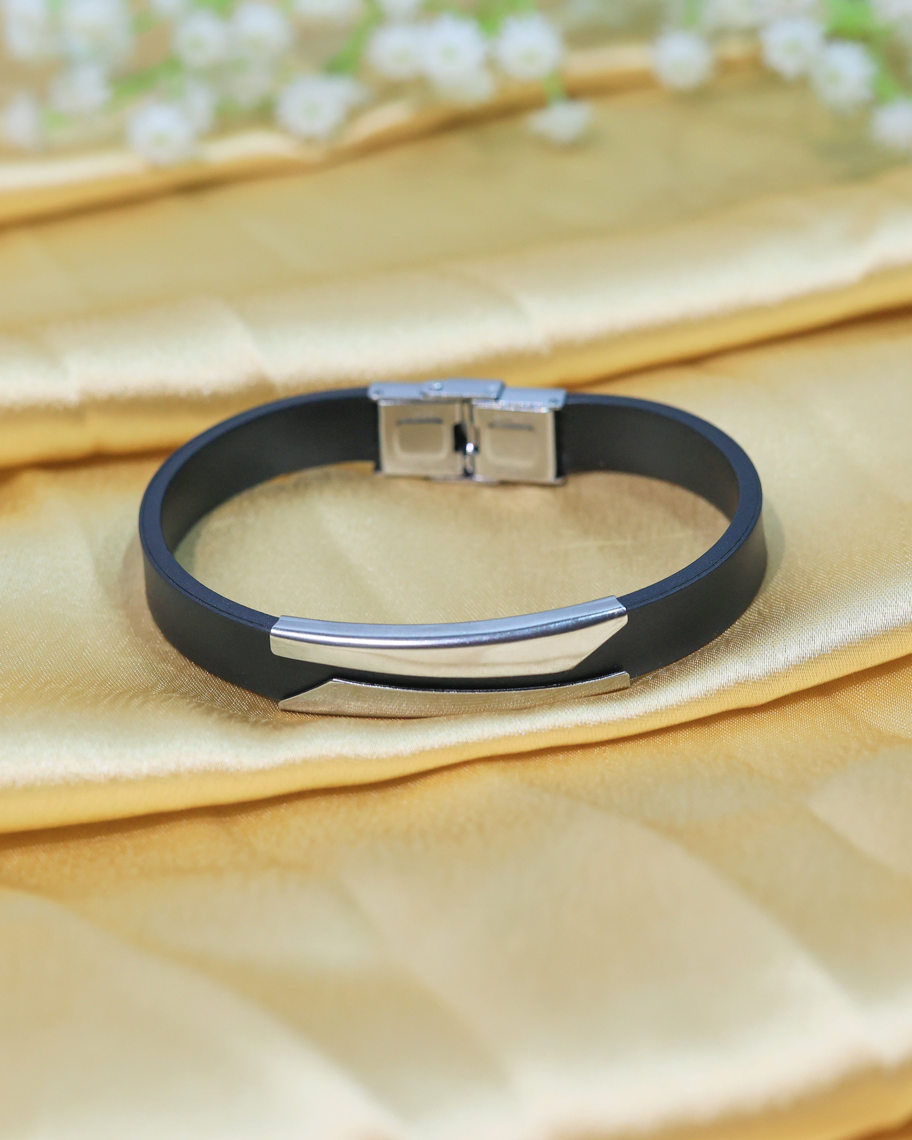 Black Leather Bracelet with Silver Tone Double Bar