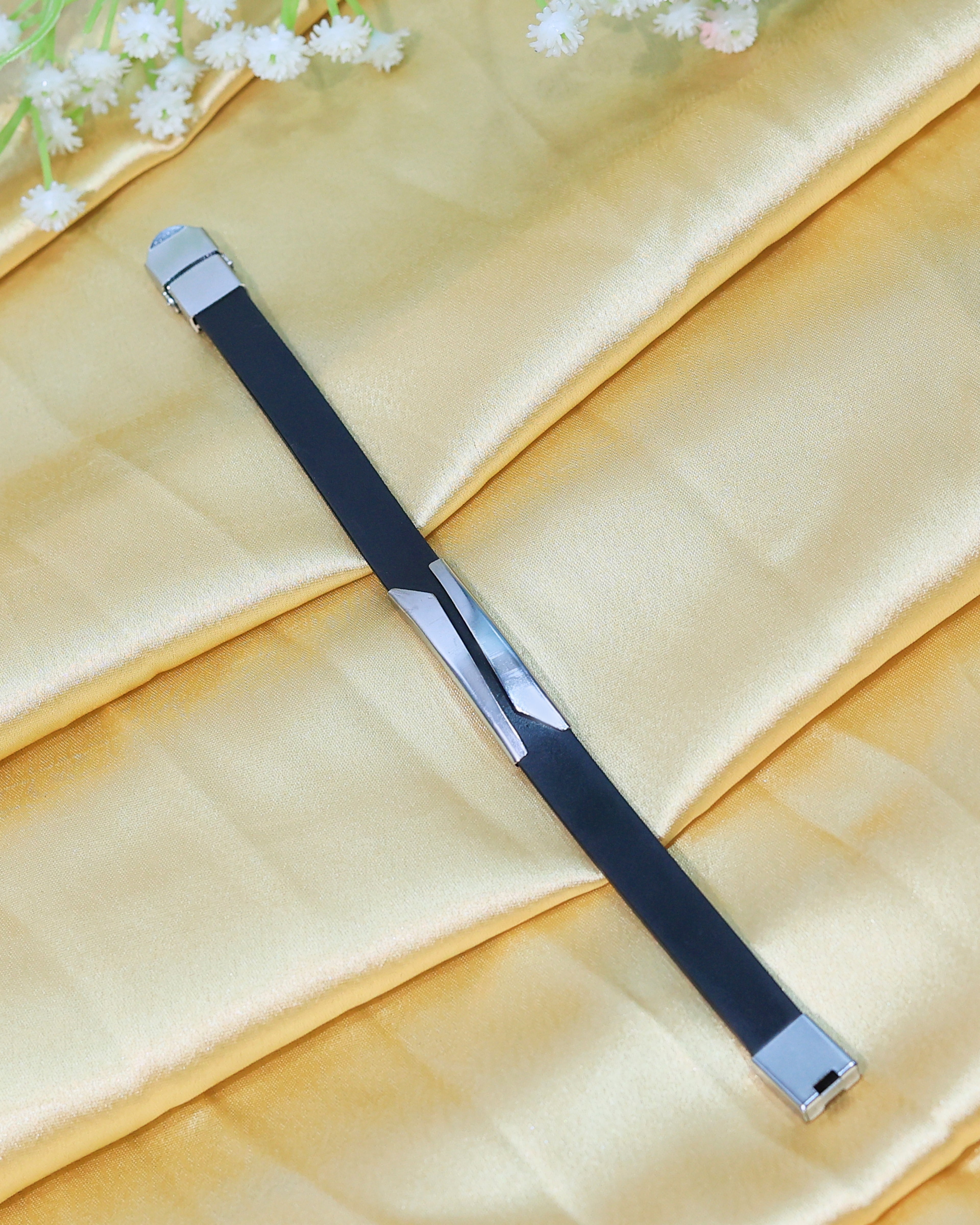 Black Leather Bracelet with Silver Tone Double Bar