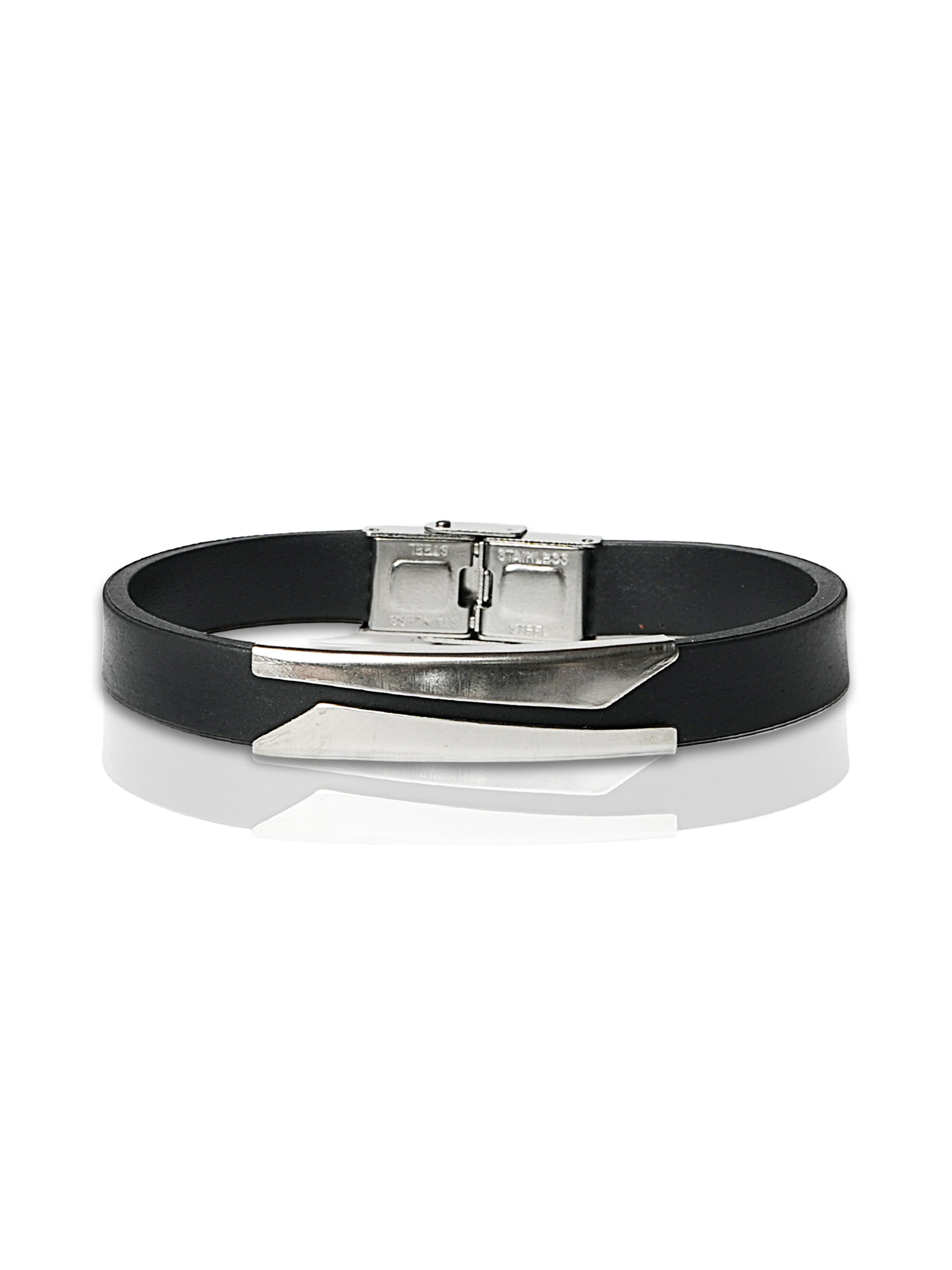 Black Leather Bracelet with Silver Tone Double Bar