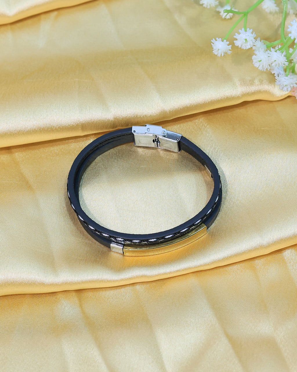 Black Leather Bracelet with Gold Tone Rectangular Bar