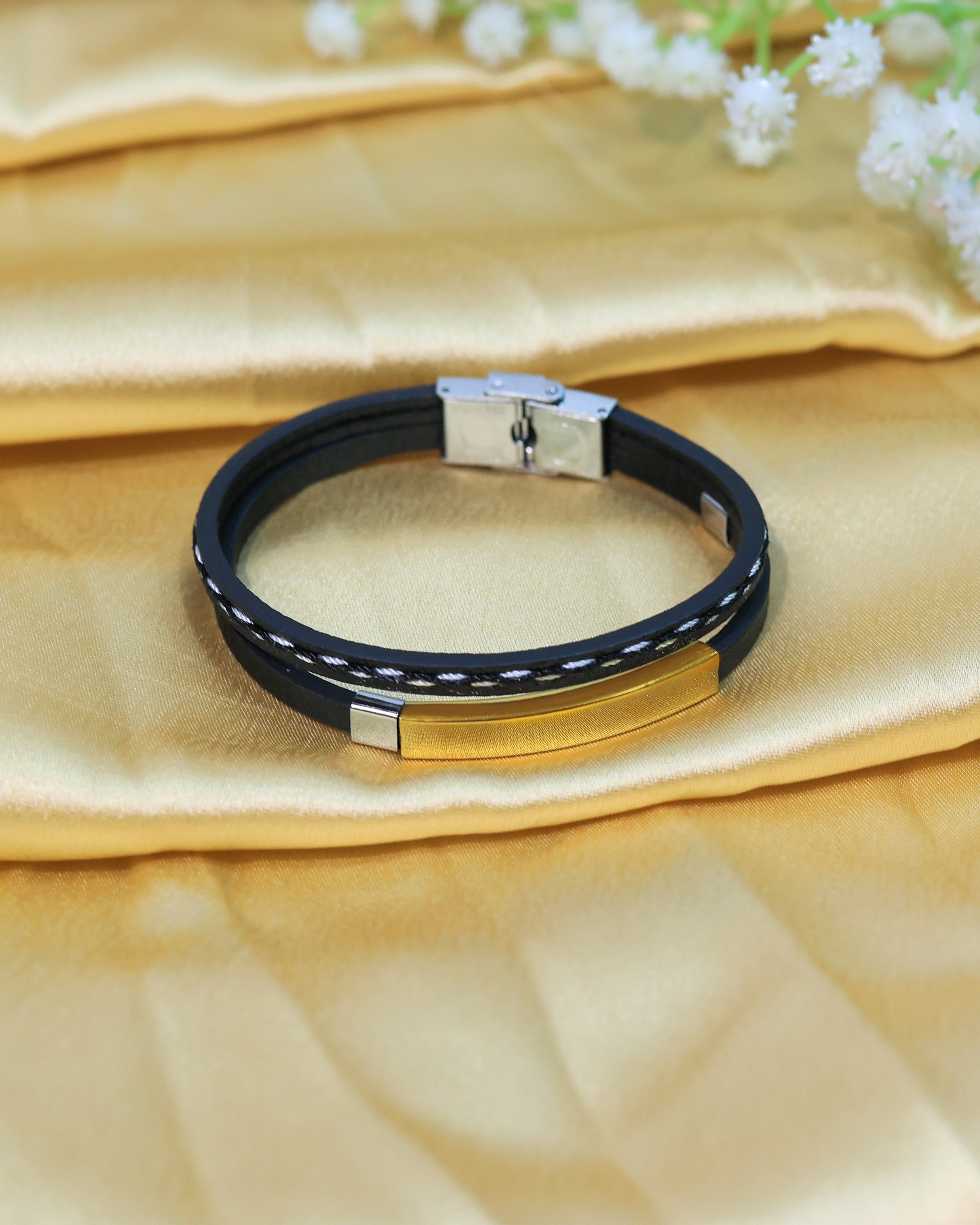 Black Leather Bracelet with Gold Tone Rectangular Bar